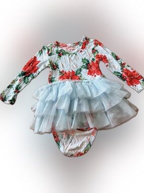Posh Peanut Floral Tulle Skirt Baby Romper - Red & Light Blue